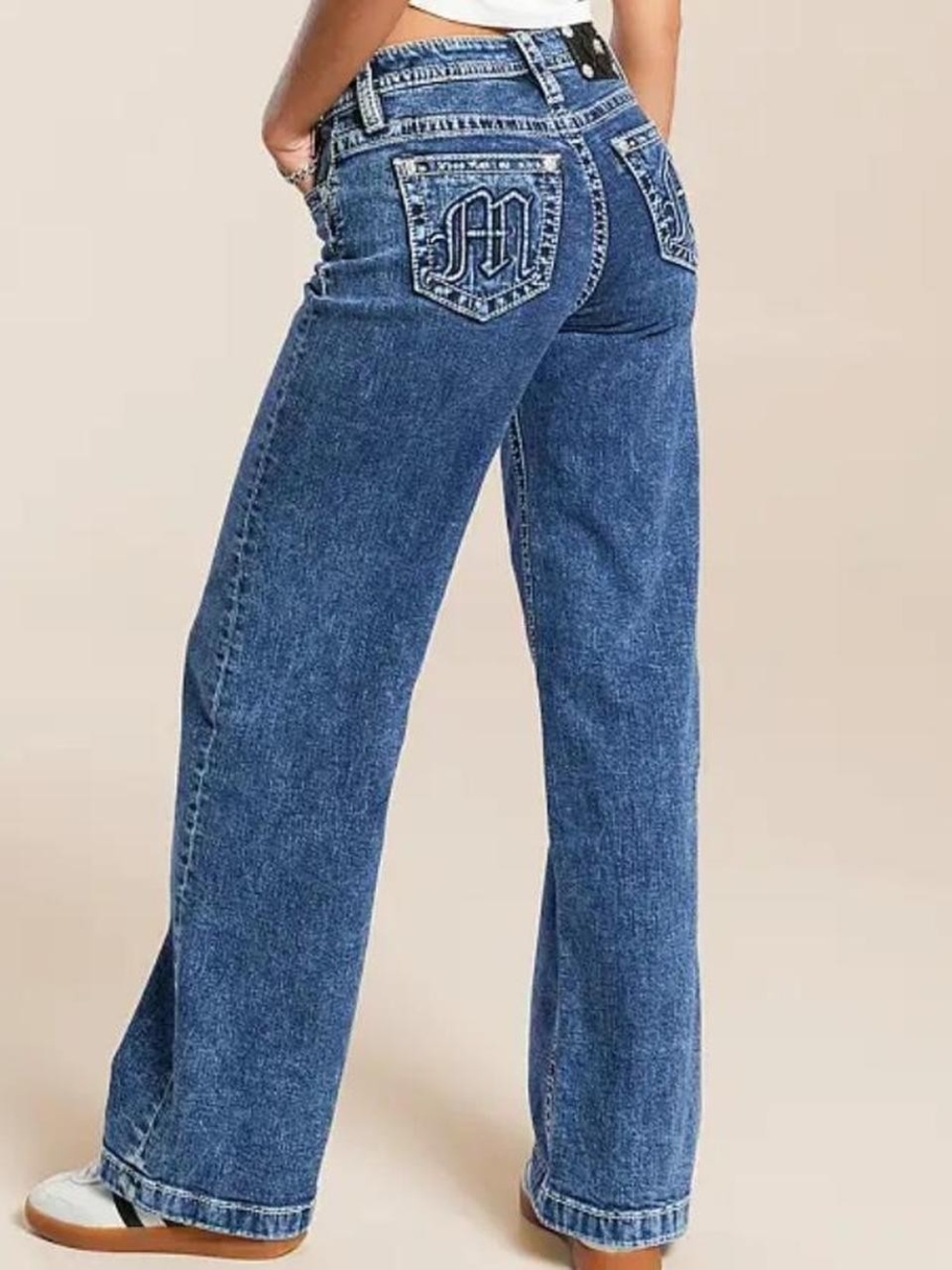 Miss Me Embroidered M LOGO Pocket Wide-Leg Jeans - Blue